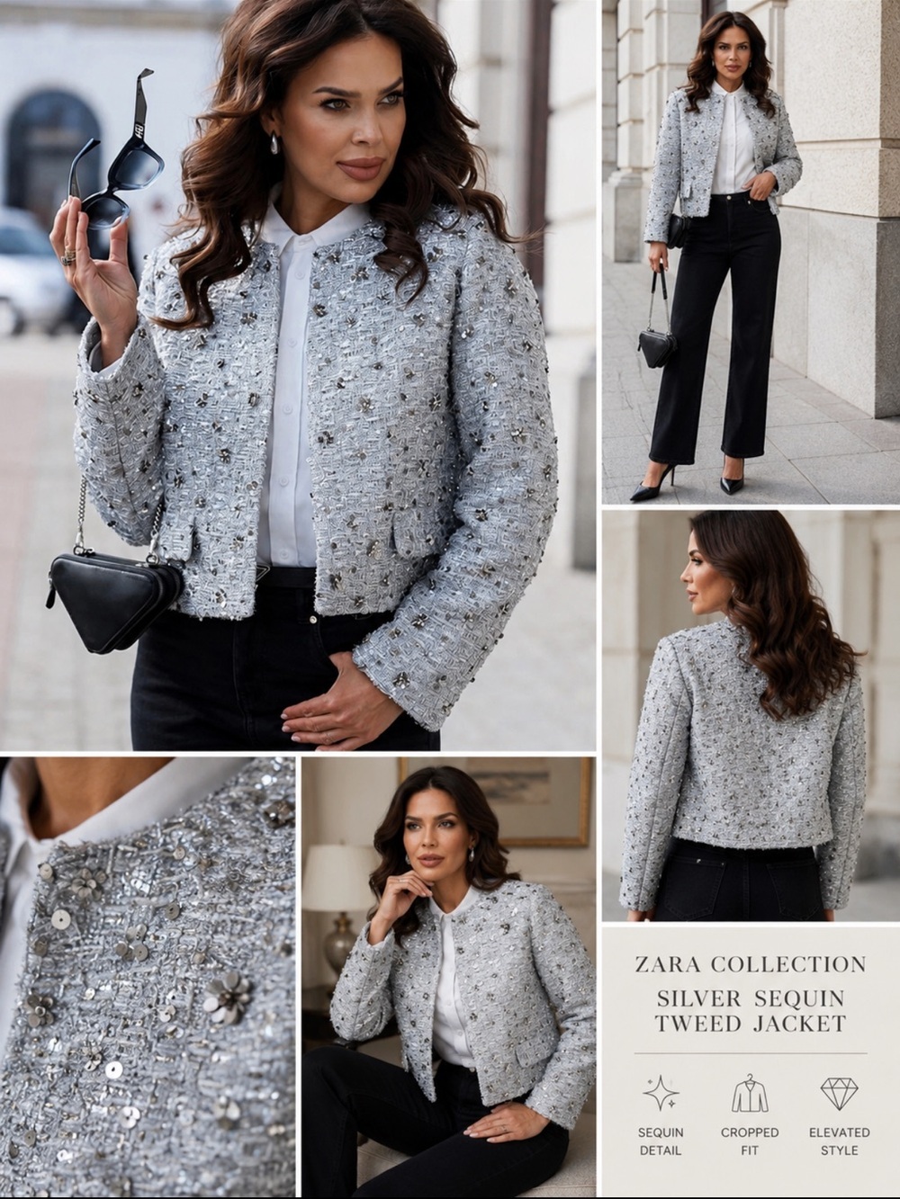 Zara Collection Silver Bouclé Sequin Cropped Jacket M